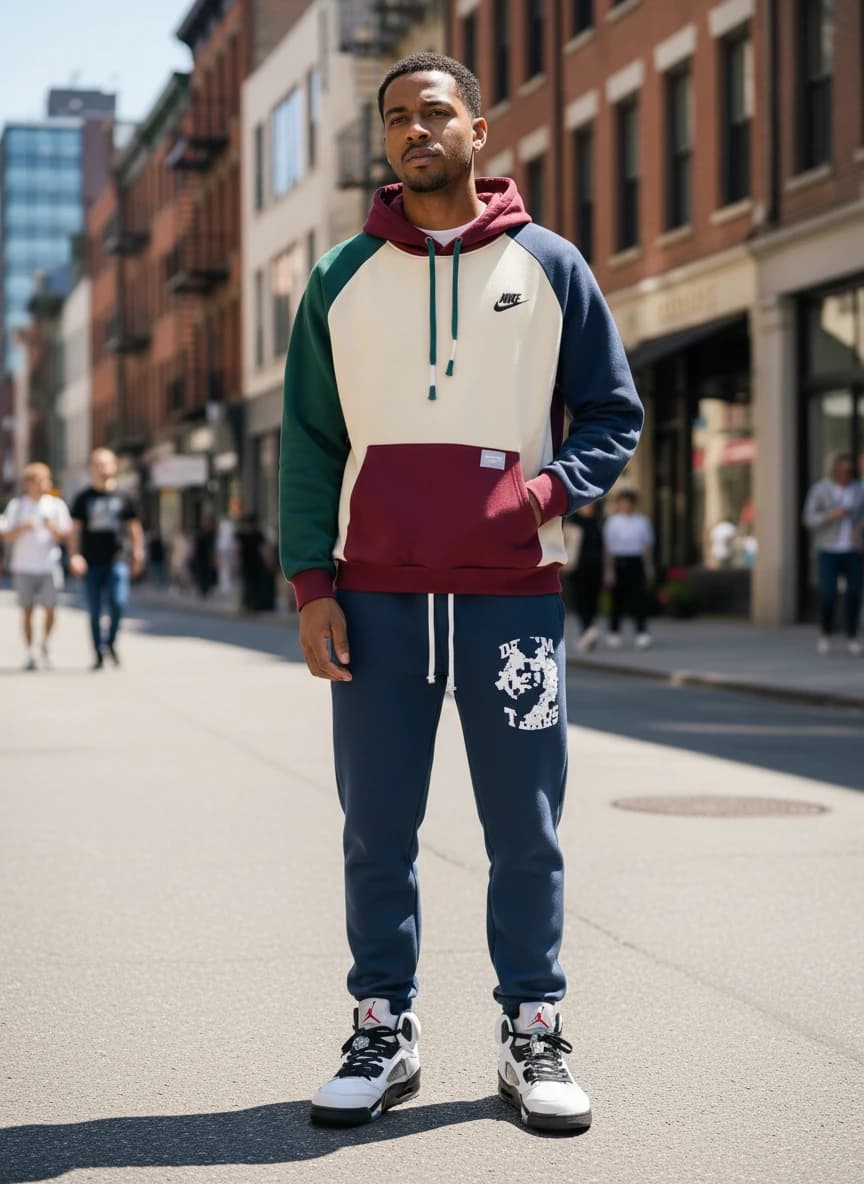 Nike Colorblock Hoodie in Cream, Green, Navy & Burgundy, Essentials by Fear of God Navy Blue Sweatpants with White Logo, Air Jordan 5 Retro '75' Sneakers