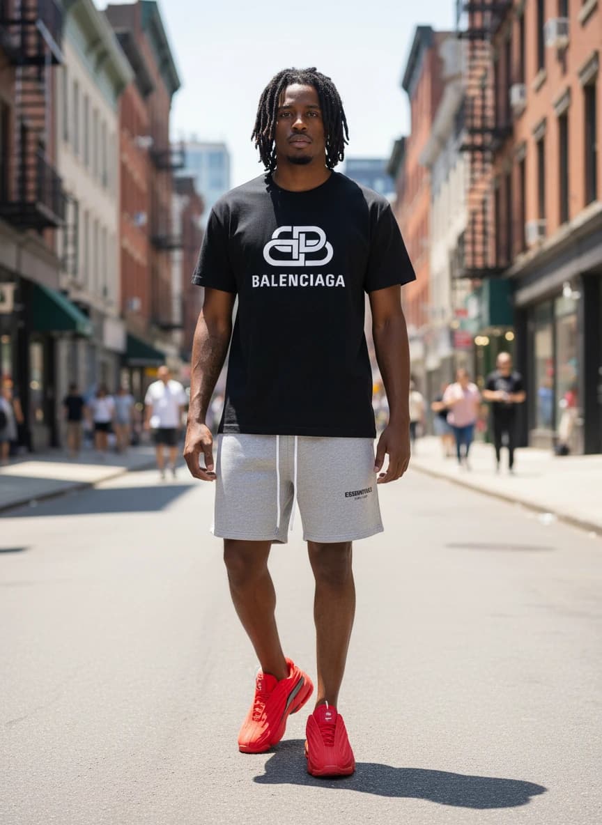 Balenciaga Logo T-Shirt in Black, Fear of God Essentials Grey Drawstring Shorts, Nike Air Max 97 Red & Black Sneakers
