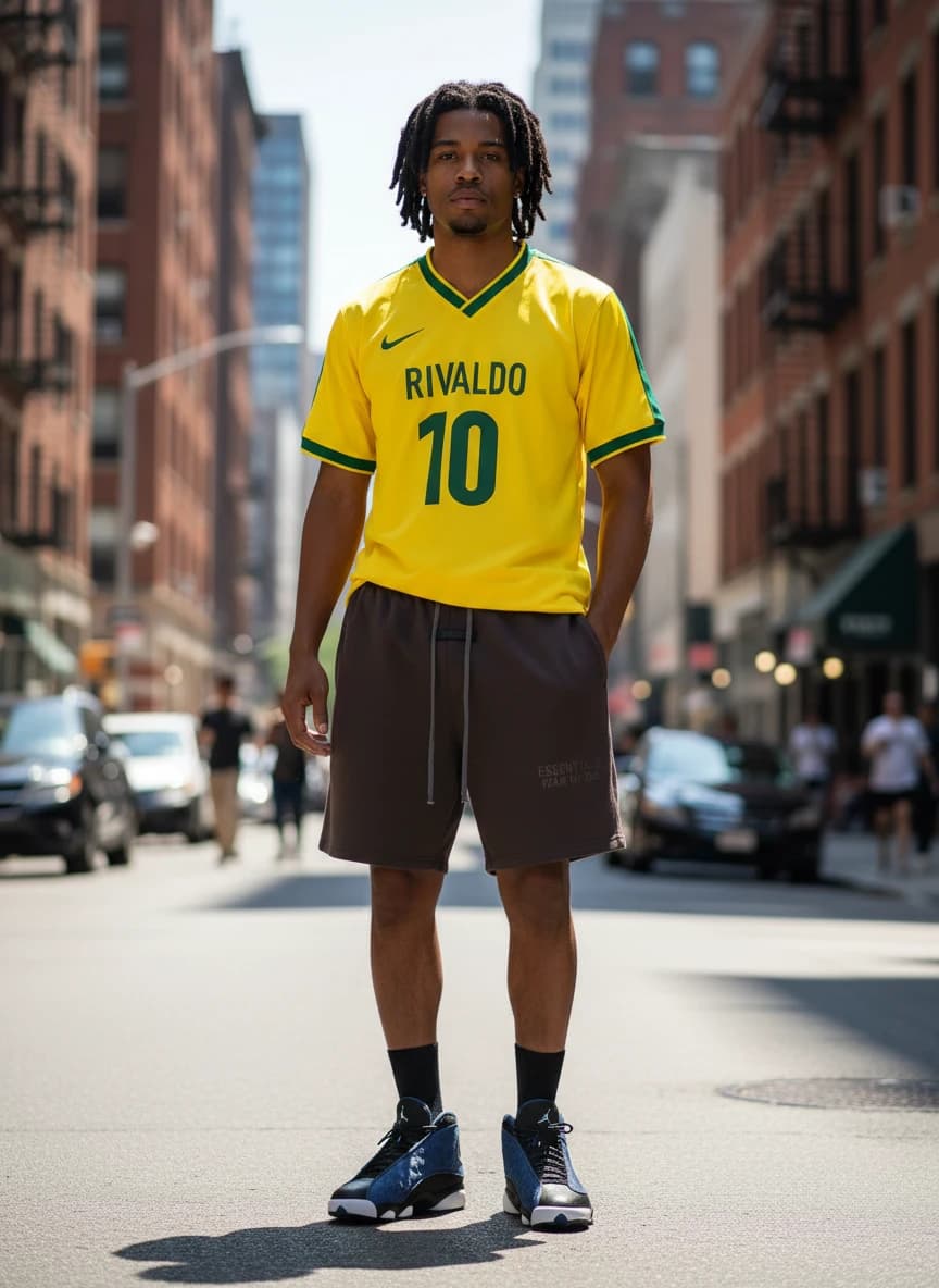 Brazil National Team Rivaldo 10 Yellow Home Jersey, Fear of God Essentials Dark Brown Shorts, Air Jordan 13 Retro Sneakers in Blue and Black