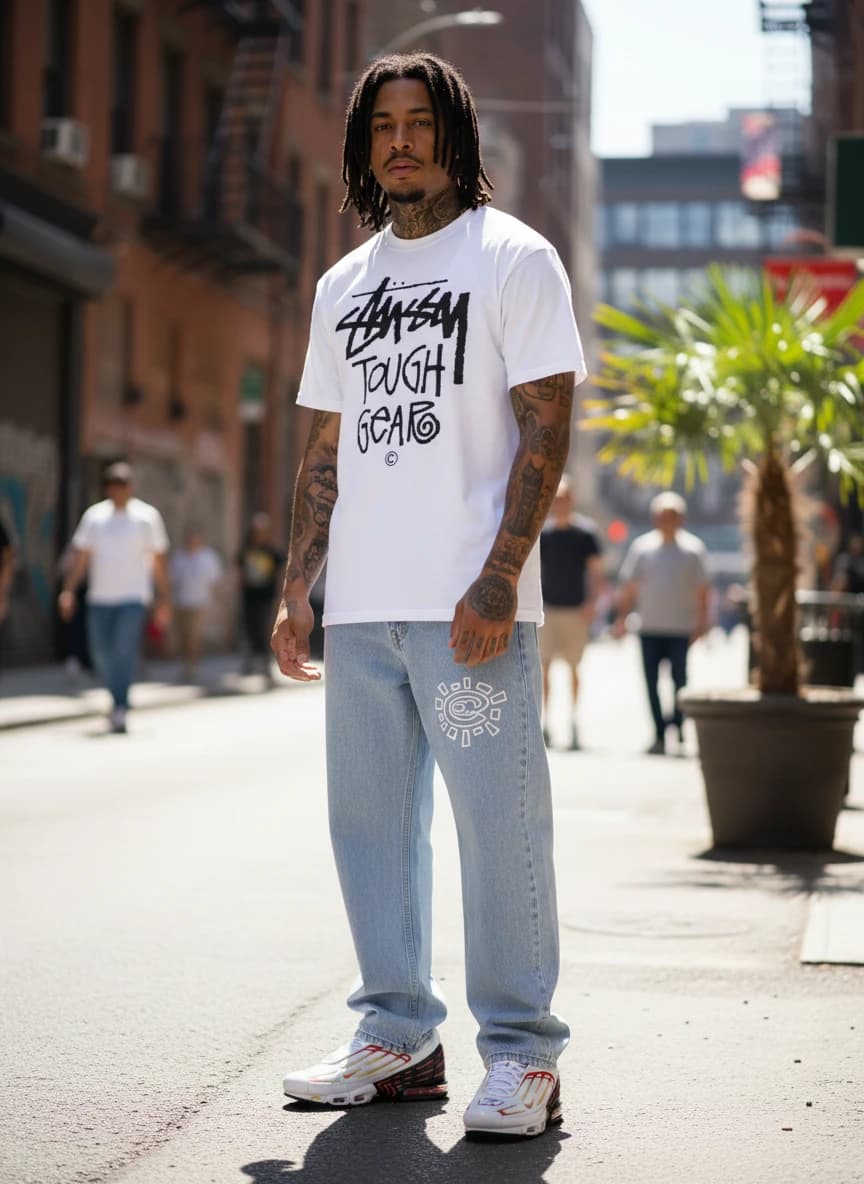 Stussy Tough Gear White T-Shirt, Light Blue Acid Wash Jeans with Sun Logo, Nike Air Max Plus TN White/Red Sneakers
