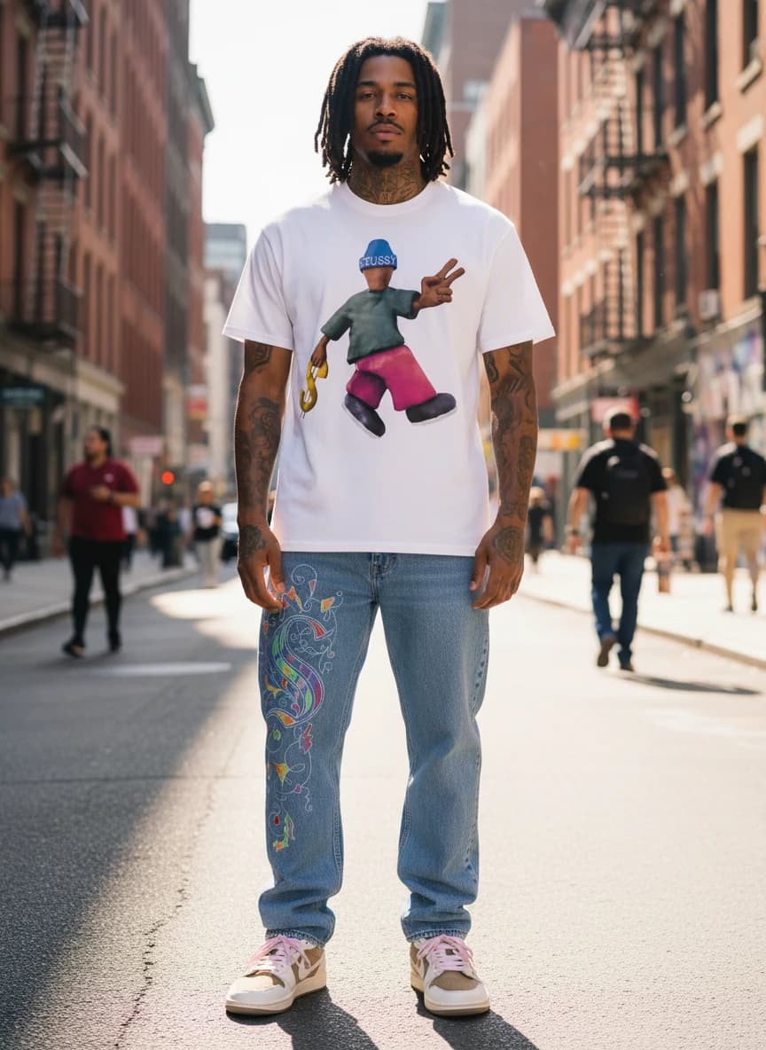 Stussy Box Logo White T-Shirt with Colorful Graphic Print, RoseMaid Embroidered Denim Jeans, Colorway: 86 Blue, Nike Air Jordan 1 Low Travis Scott 'Cactus Jack' Sneakers