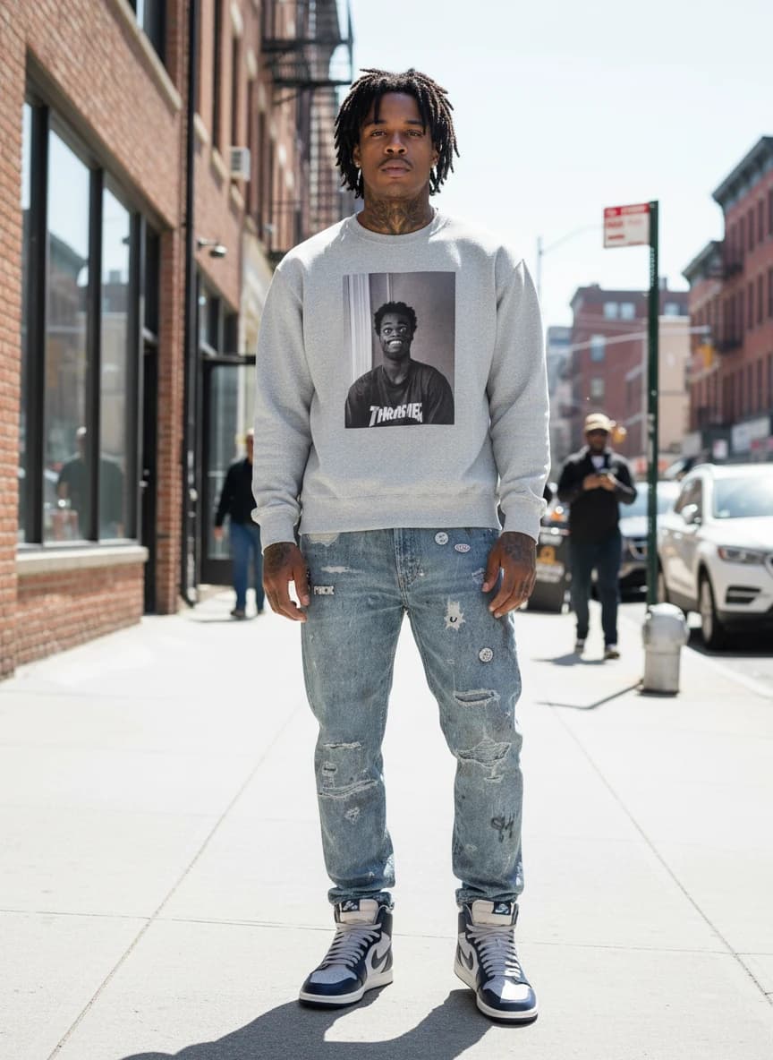Supreme x Thrasher Grey Crewneck Sweatshirt, Supreme x Levi's Distressed Denim Jeans A319, Air Jordan 1 High Retro Sneakers in Sail/University Blue