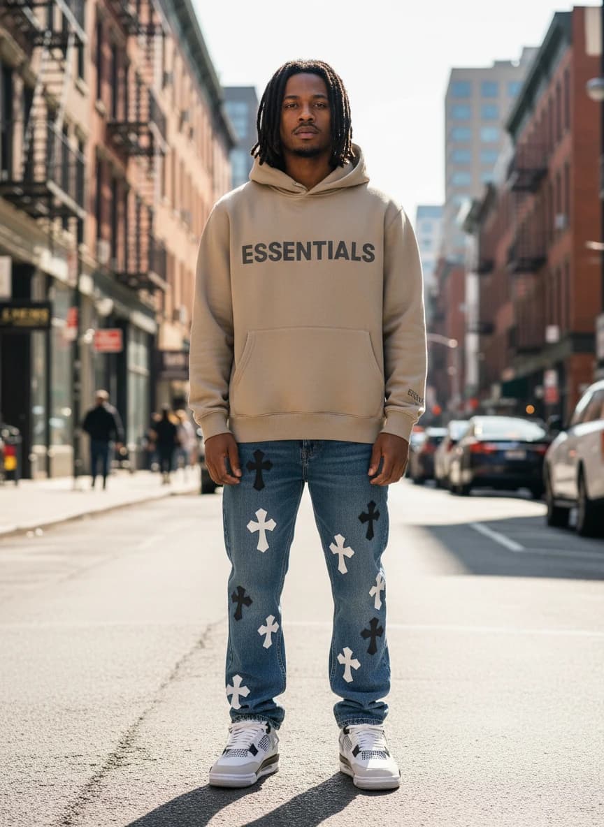Fear of God Essentials Beige Hoodie, Chrome Hearts Cross Appliqué Denim Jeans, Air Jordan 4 Retro Sneakers in Military Black
