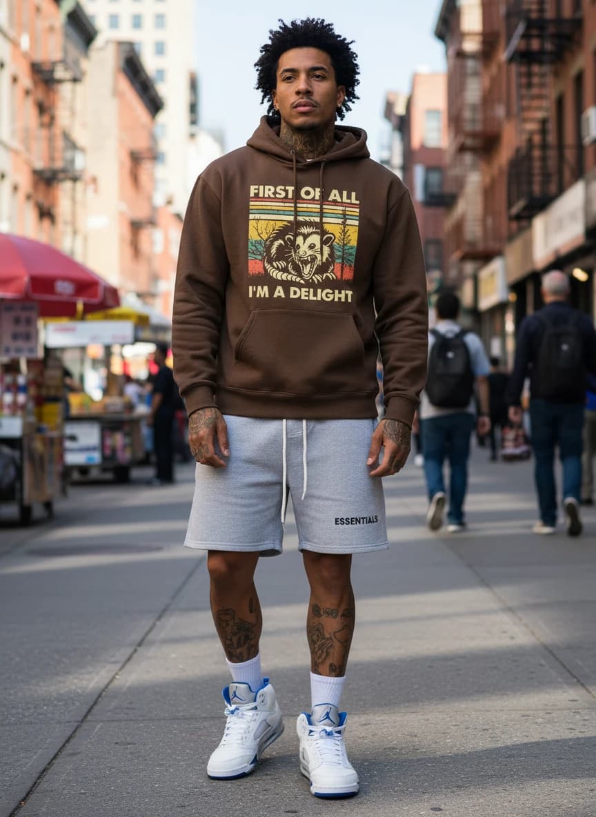 Brown 'First of All I'm a Delight' Graphic Hoodie, Fear of God Essentials Grey Drawstring Shorts, Air Jordan 5 Retro 'Blue Cement' Sneakers