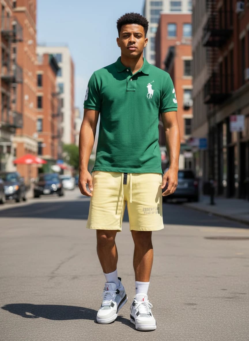 Polo Ralph Lauren Green Polo Shirt with White Pony Logo, Fear of God Essentials Yellow Drawstring Shorts, Air Jordan 4 Retro Sneakers in Military Black