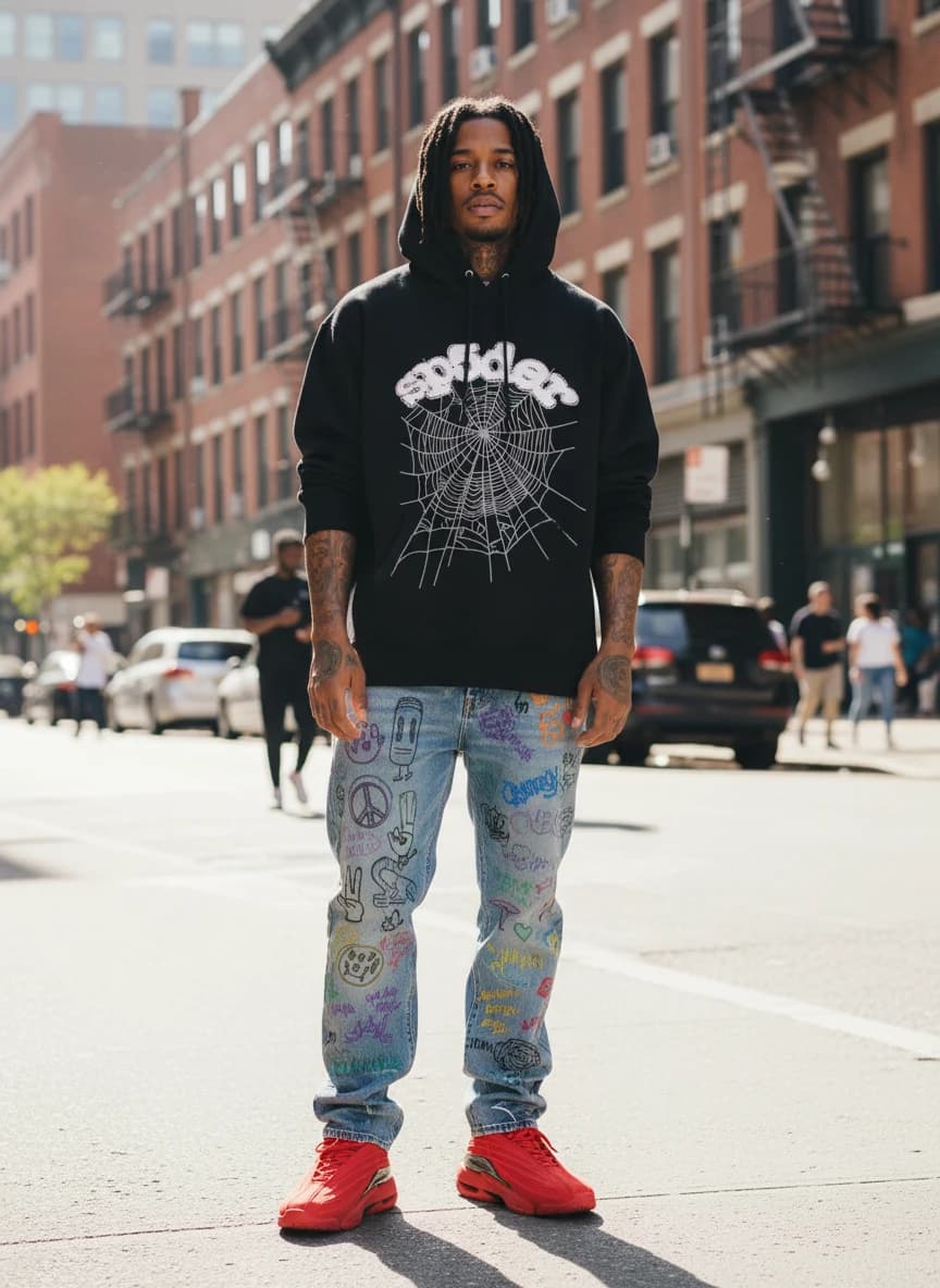 Spider Hoodie in Black with Web Print, Balenciaga Hand-Painted Jeans, Nike Air Max 97 Red & Black Sneakers