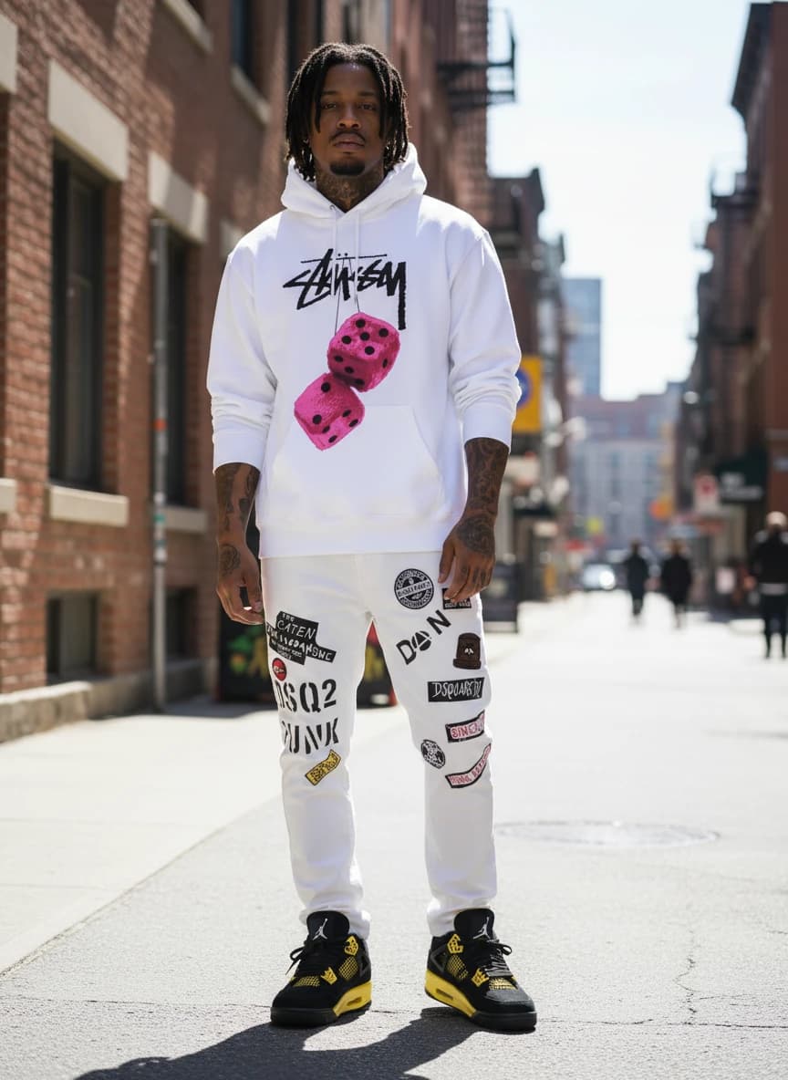 Stussy Dice Print White Hoodie, DSQUARED2 White Punk Denim Jeans, Air Jordan 4 Retro Black Yellow Sneakers DH6927-017