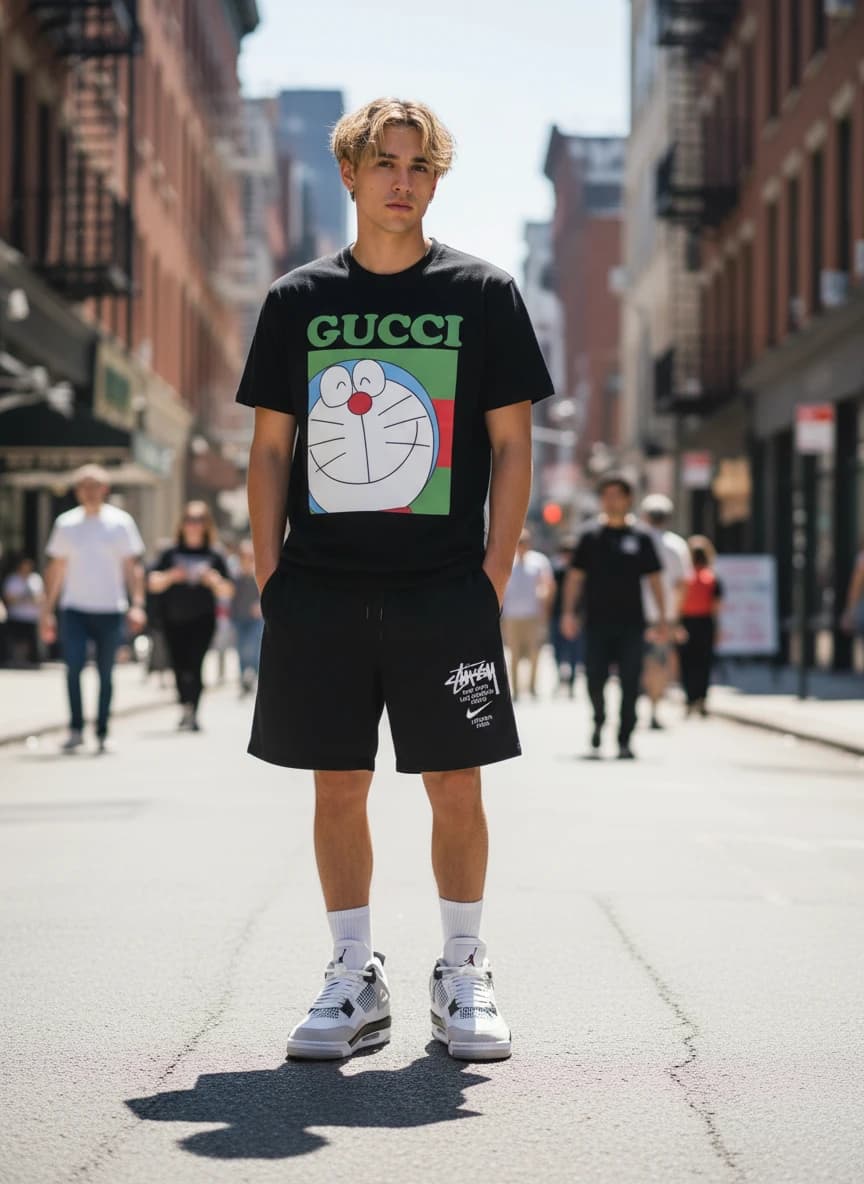 Gucci Doraemon Collaboration Black T-Shirt, Stussy x Nike Black Shorts with White Logo, Air Jordan 4 Retro Sneakers in Military Black