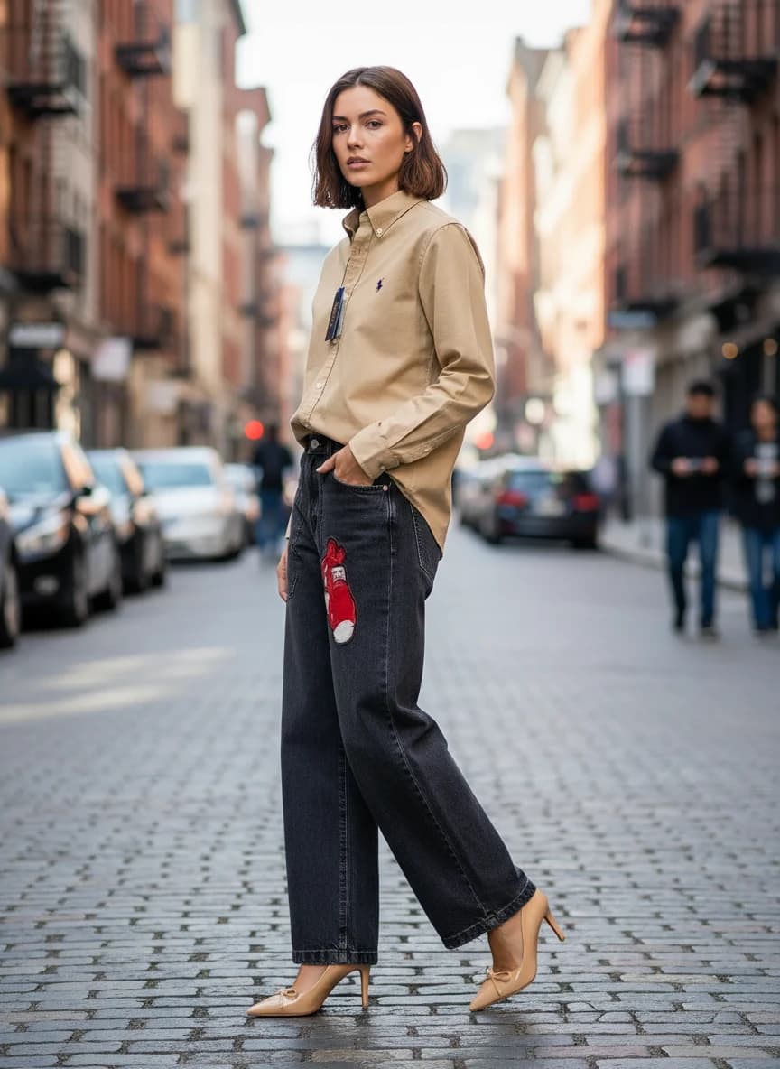 Polo Ralph Lauren Classic Fit Button-Down Shirt in Khaki, Black Denim Skirt with Red Boxing Gloves Patch N16 Black Grey, Christian Louboutin Nude Patent Leather Heels with Bow Detail