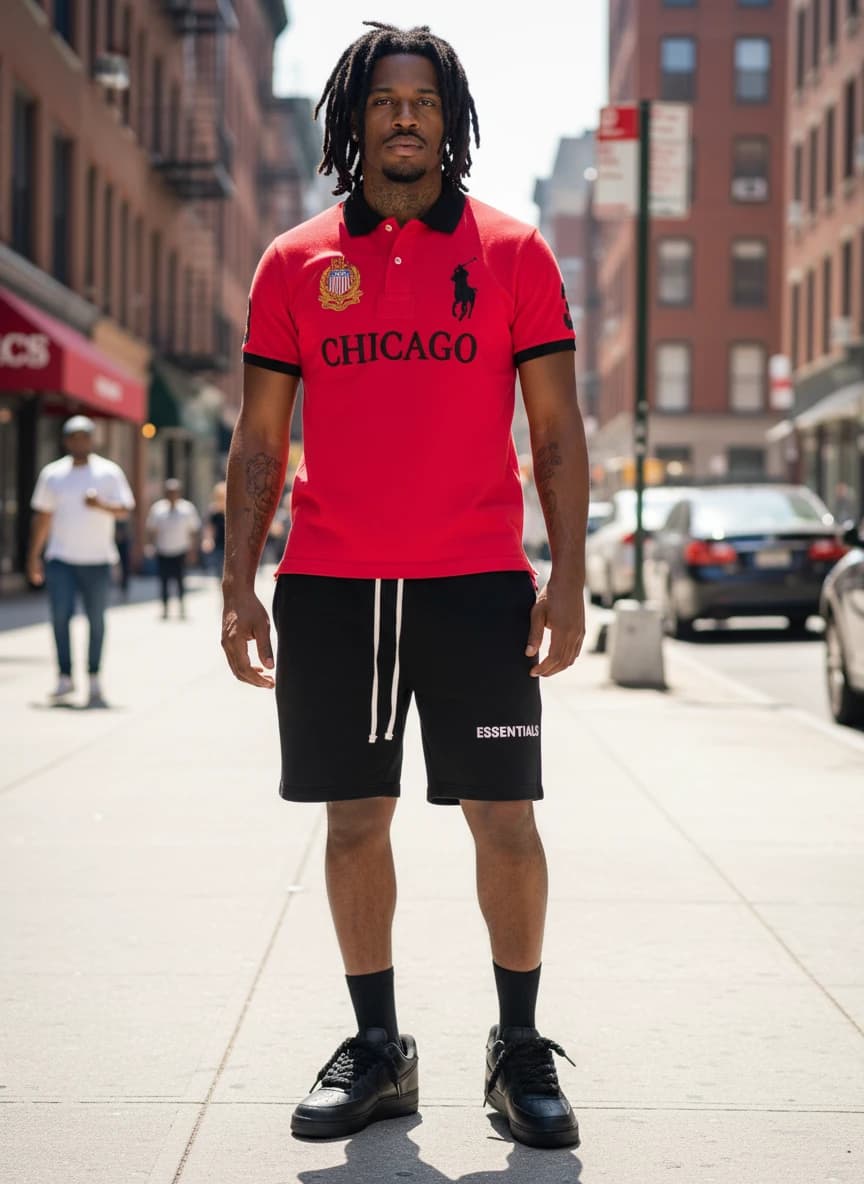 Ralph Lauren Chicago Red Polo Shirt, Fear of God Essentials Black Drawstring Shorts, Nike Air Force 1 Triple Black Sneakers