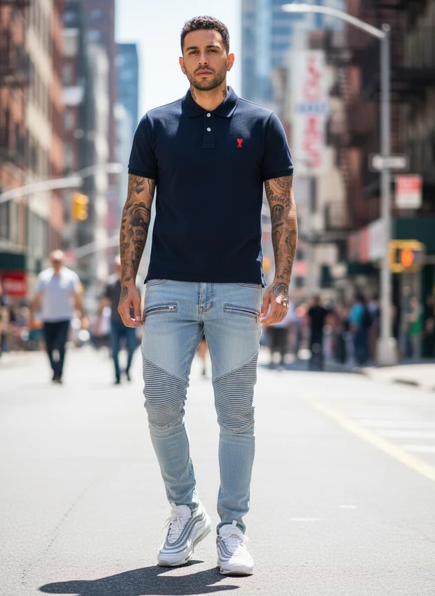 Armani Ami De Coeur Navy Polo Shirt with Red Embroidery, Balmain Light Blue Skinny Jeans with Zipper Details, Nike Air Max 97 White/Grey Stripe Sneakers