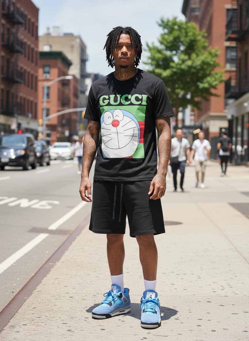 Gucci Doraemon Collaboration Black T-Shirt, Fear of God Essentials Black Drawstring Shorts, Air Jordan 4 Retro University Blue Sneakers CT8527-400
