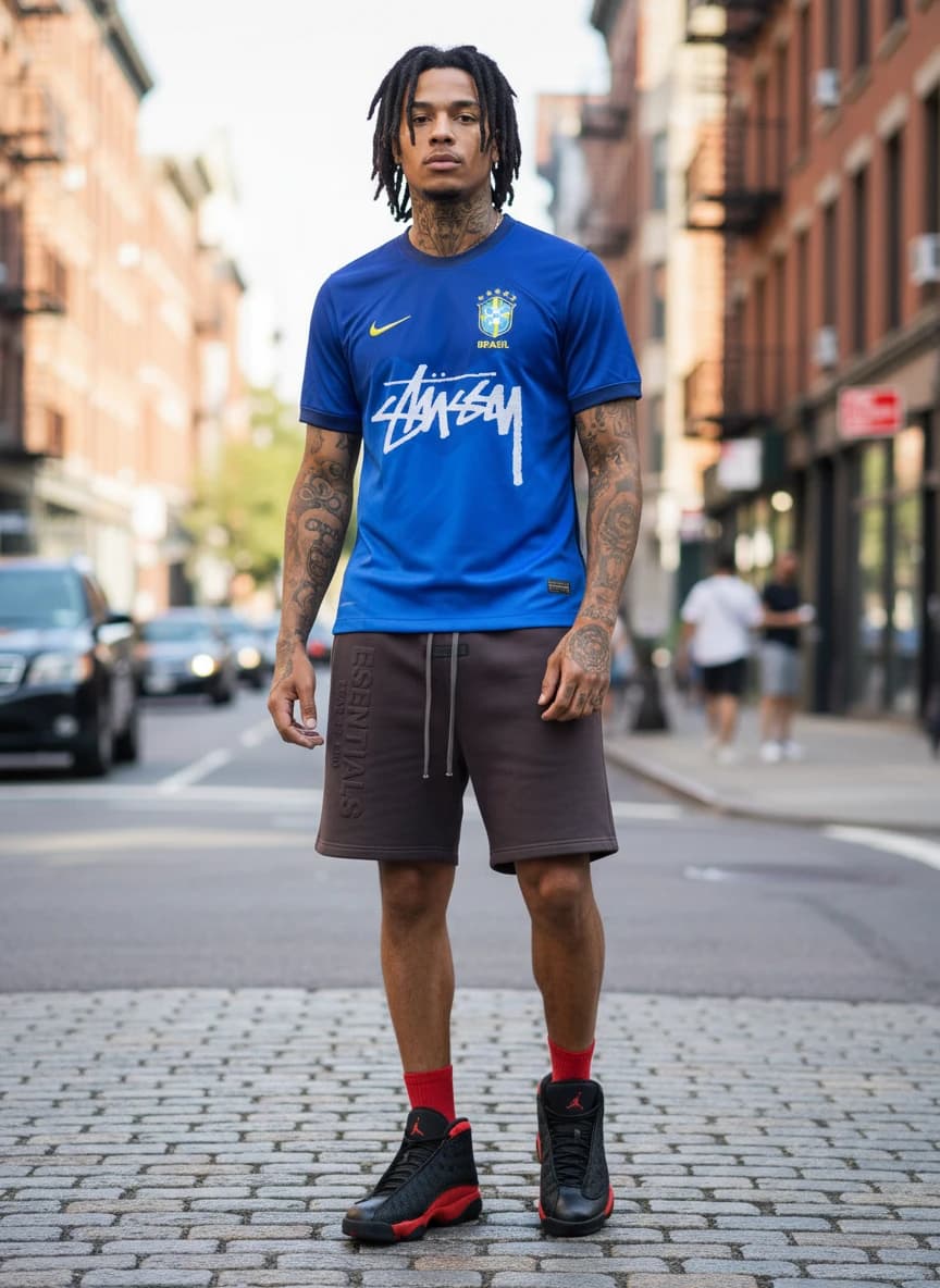 Nike x Stussy Brazil National Team Jersey - Blue, Fear of God Essentials Dark Brown Sweatshorts, Air Jordan 13 Retro Bred Sneakers