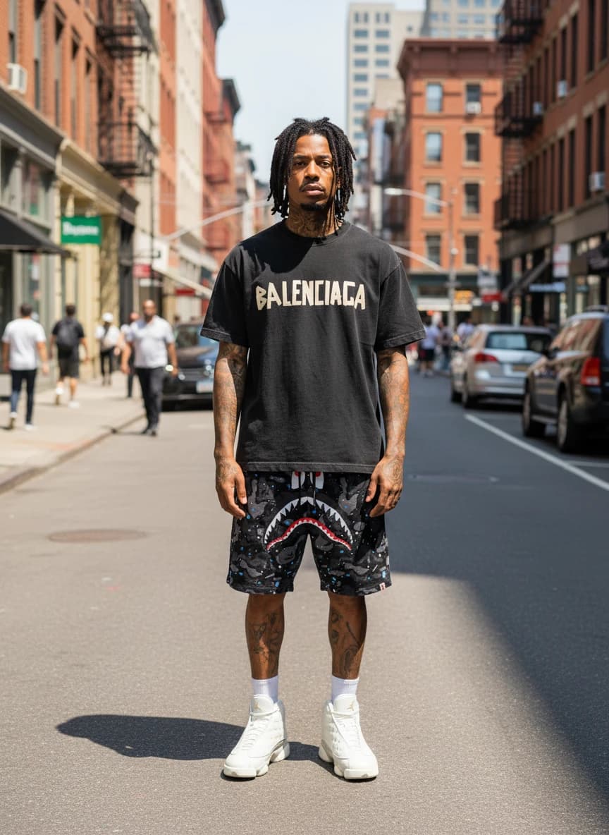 Balenciaga Black Washed Logo T-Shirt, BAPE Glow in the Dark Shark Camo Shorts, Air Jordan 13 Retro Sneakers White/Gray
