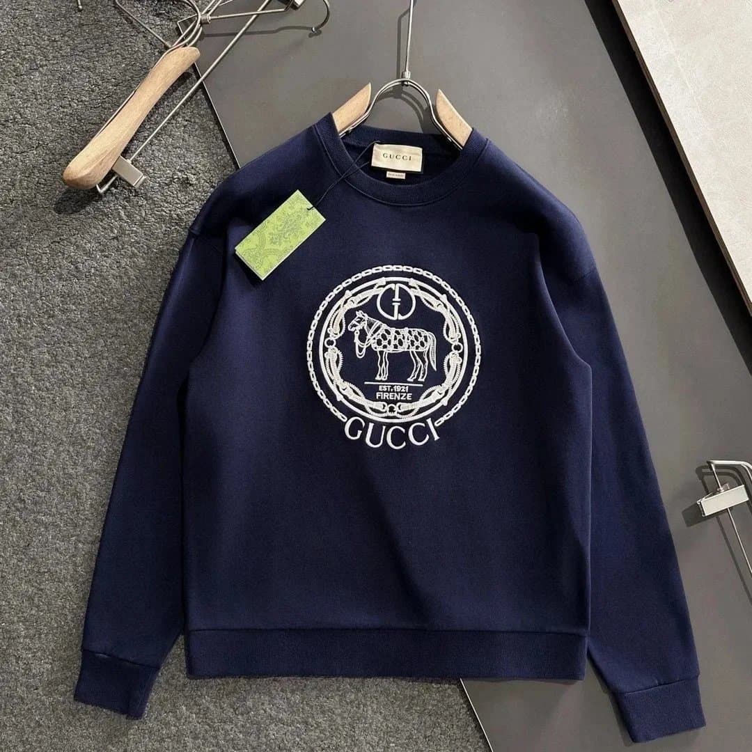 Gucci Gucci Horse Head Embroidered Navy Blue Sweatshirt Navy