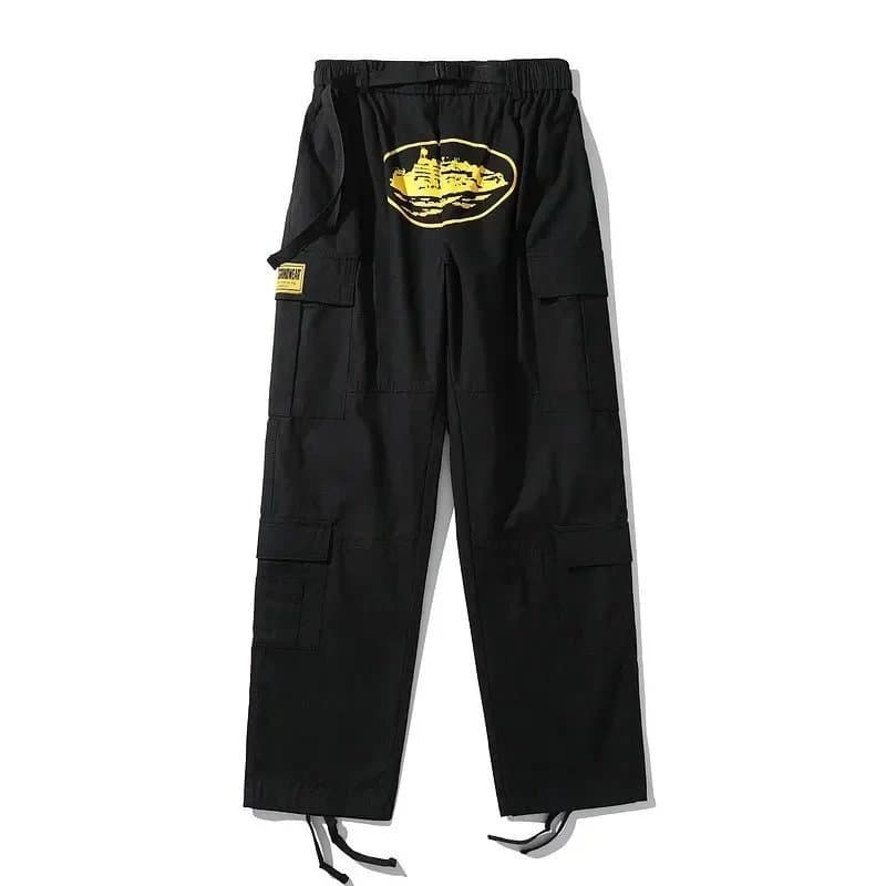 Black Cargo Pants with Yellow Graphic Patch