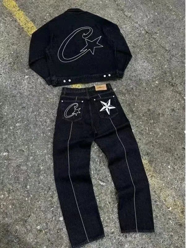 CLOT CLOT Black Denim Jacket and Jeans Set with White Embroidery Black - 1