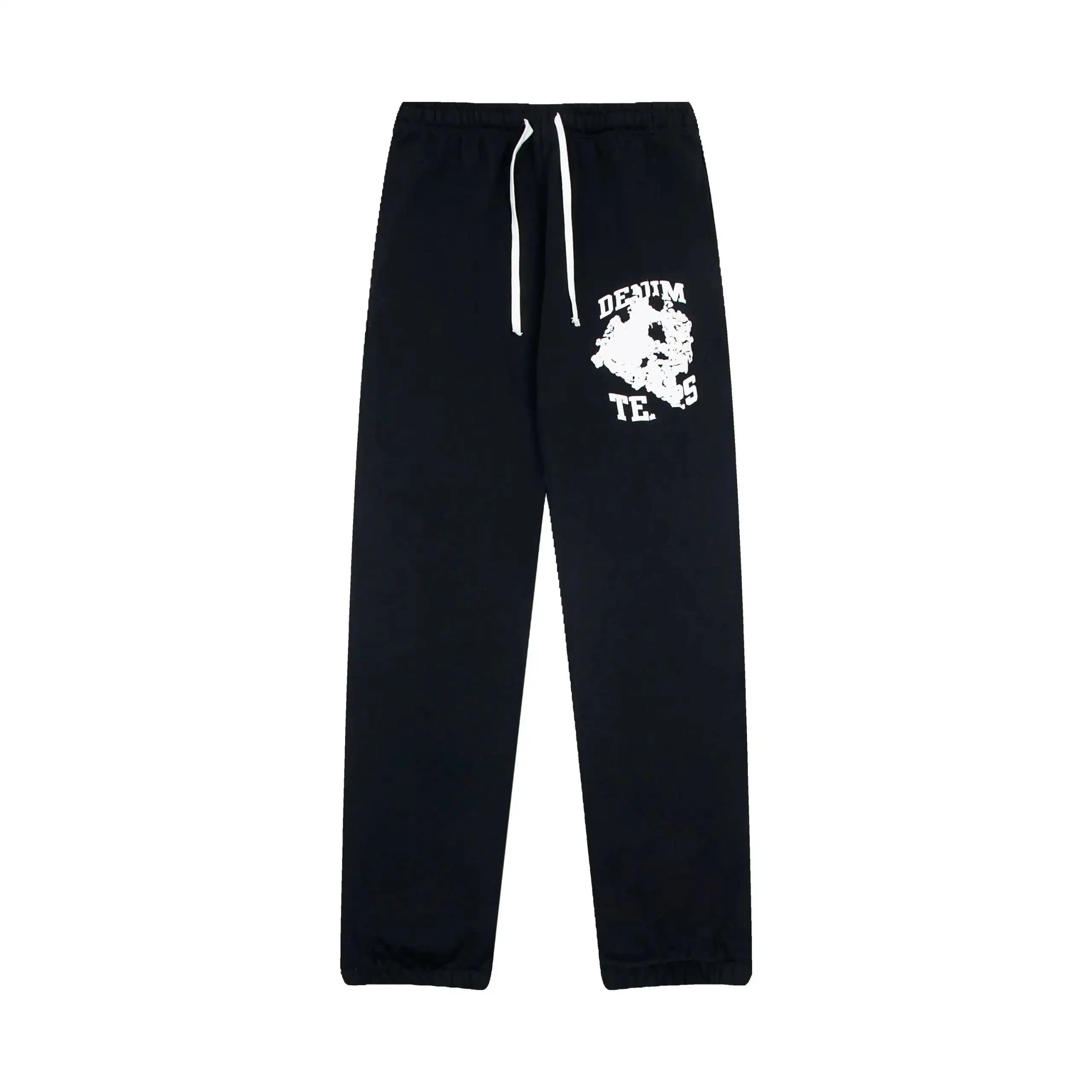 Black Denim Tees Sweatpants with White Drawstrings and Distressed Logo