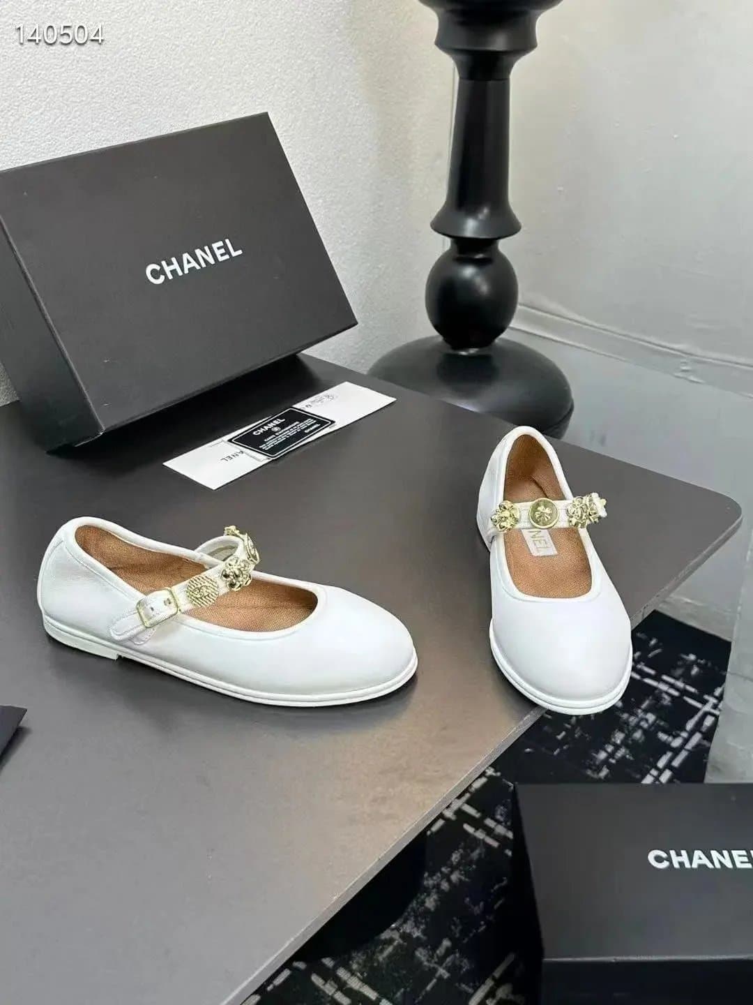 Chanel White Leather Mary Jane Flats with Gold Accents