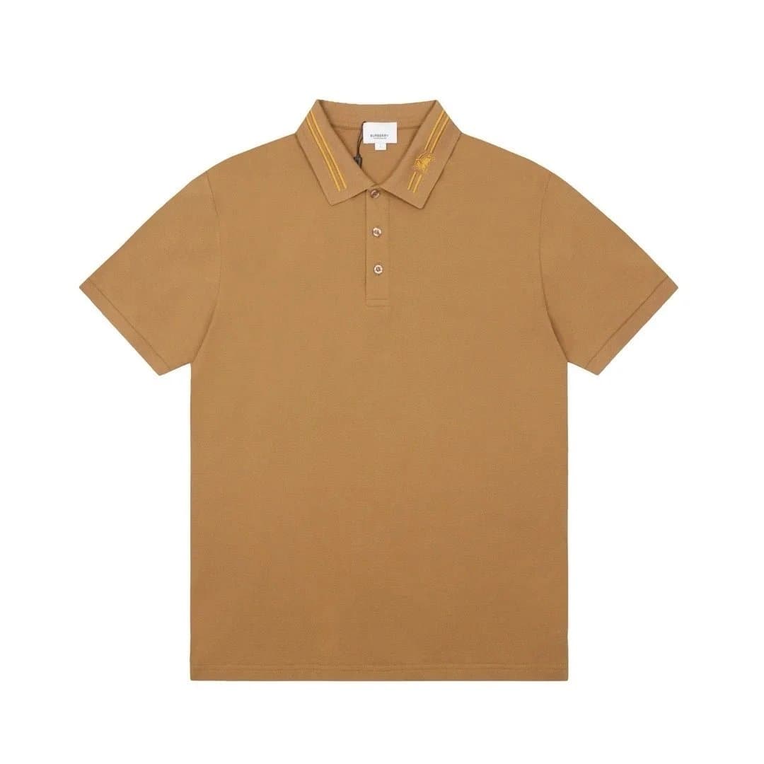 Burberry Camel Color Polo Shirt with Embroidered Horse & Plaid Trim
