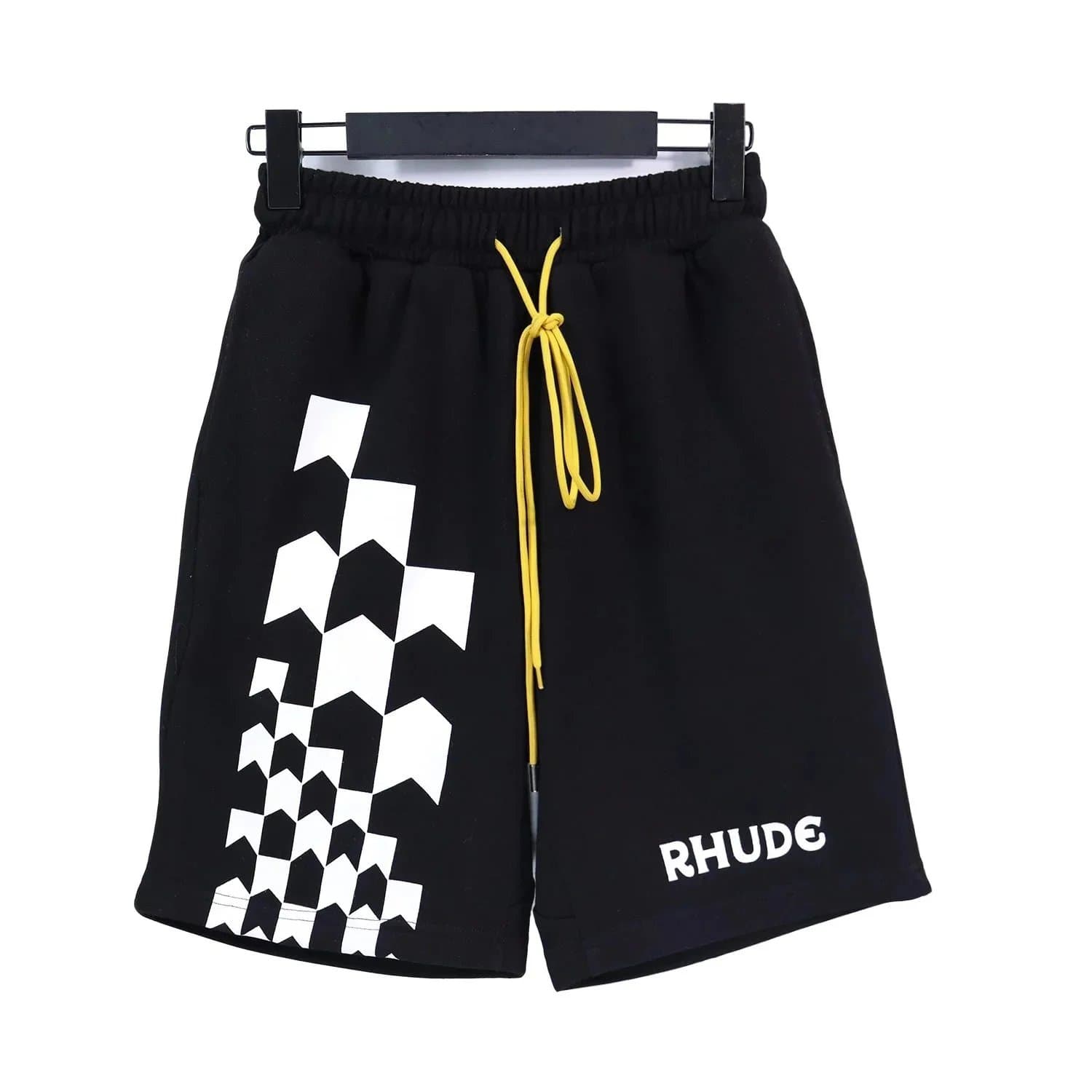 Rhude RHUDE Black & White Checkerboard Pattern Shorts with Yellow Drawstring Black