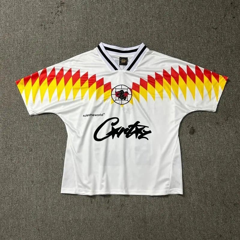 CLOT CLOT x Rules The World White Football Jersey with Red and Yellow Stripe Pattern White - 1