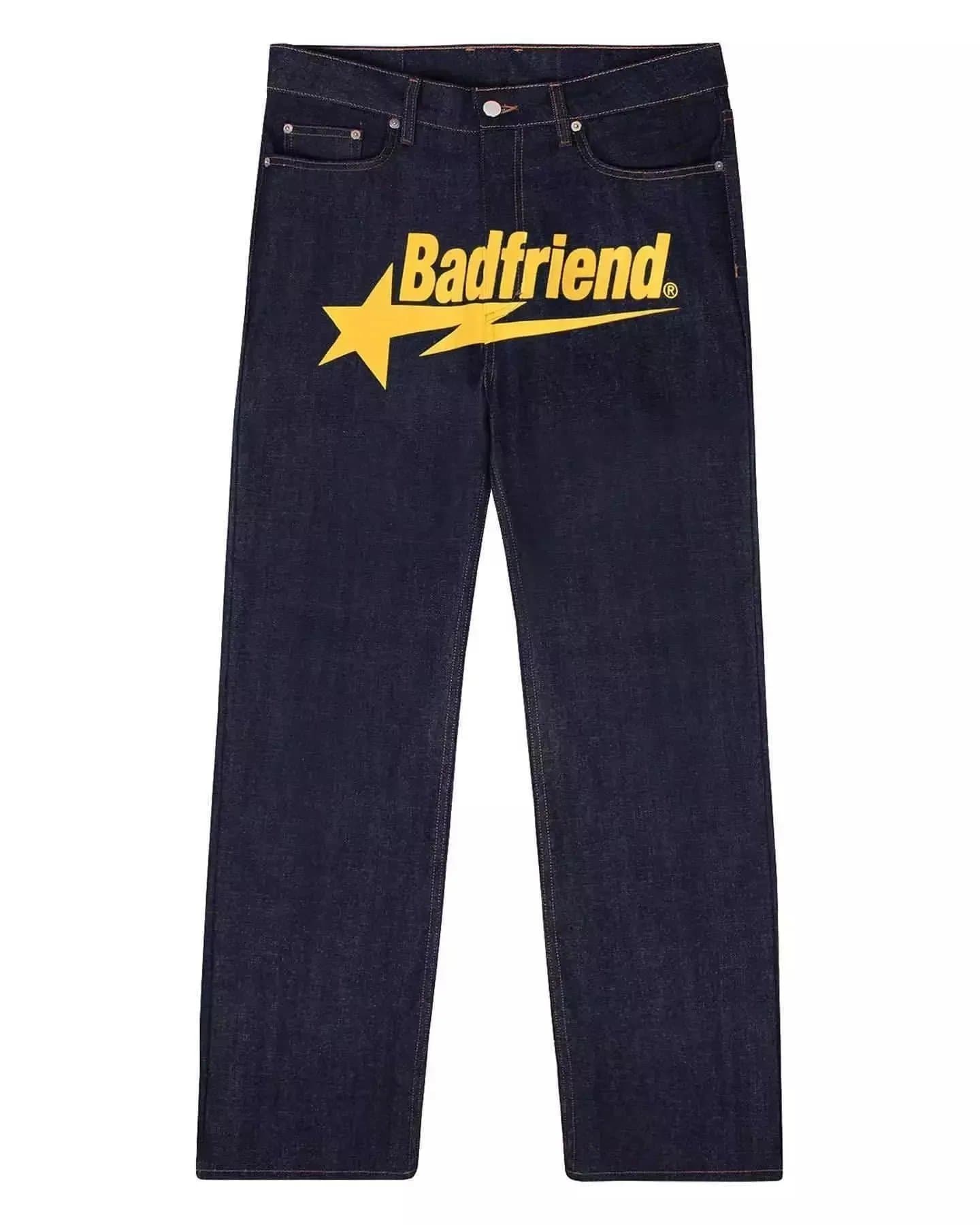 Badfriend Jeans - Dark Indigo with Yellow 'Badfriend' Logo