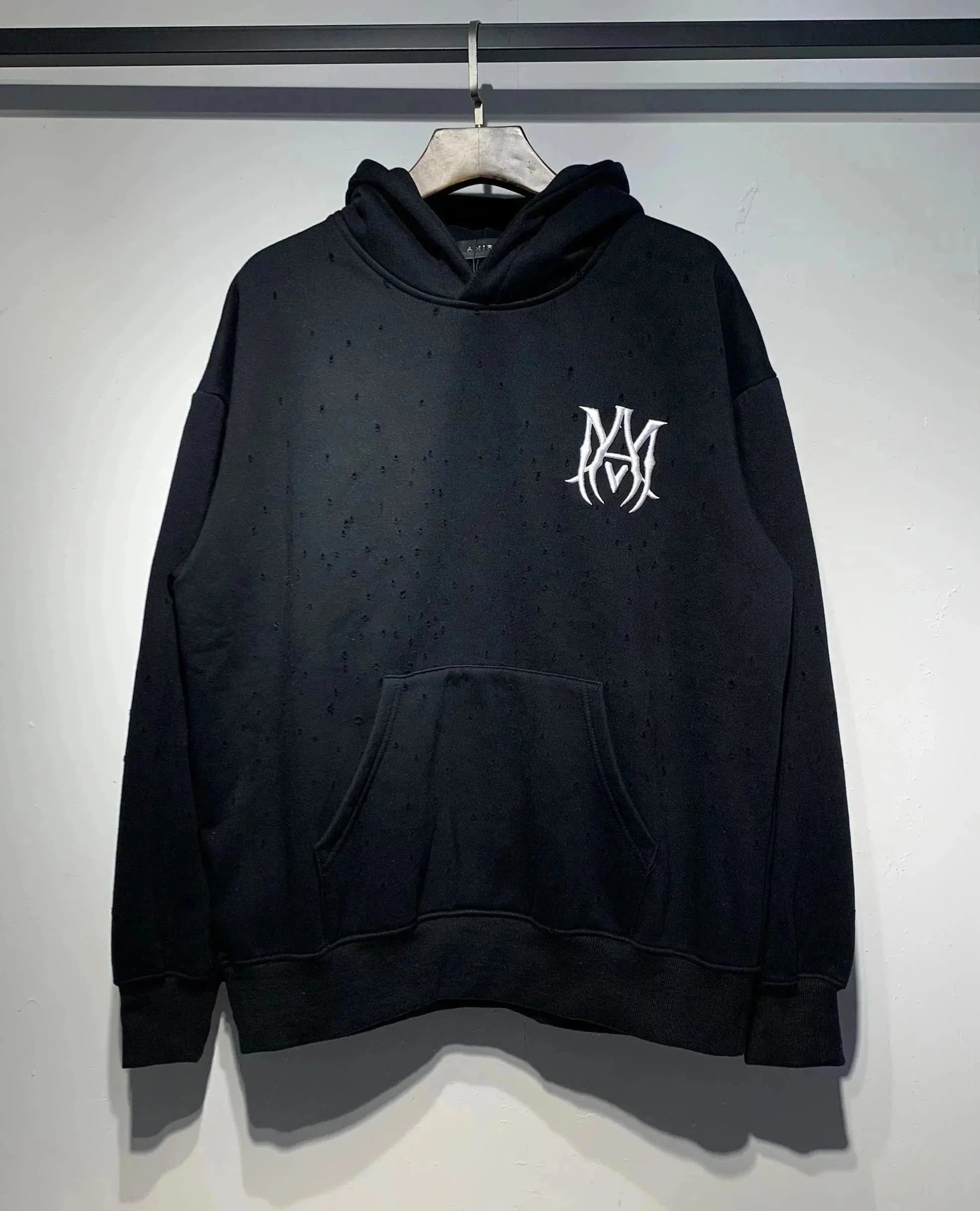 ACRONYM ACRONYM Distressed Black Hoodie with White Embroidery Black - 1