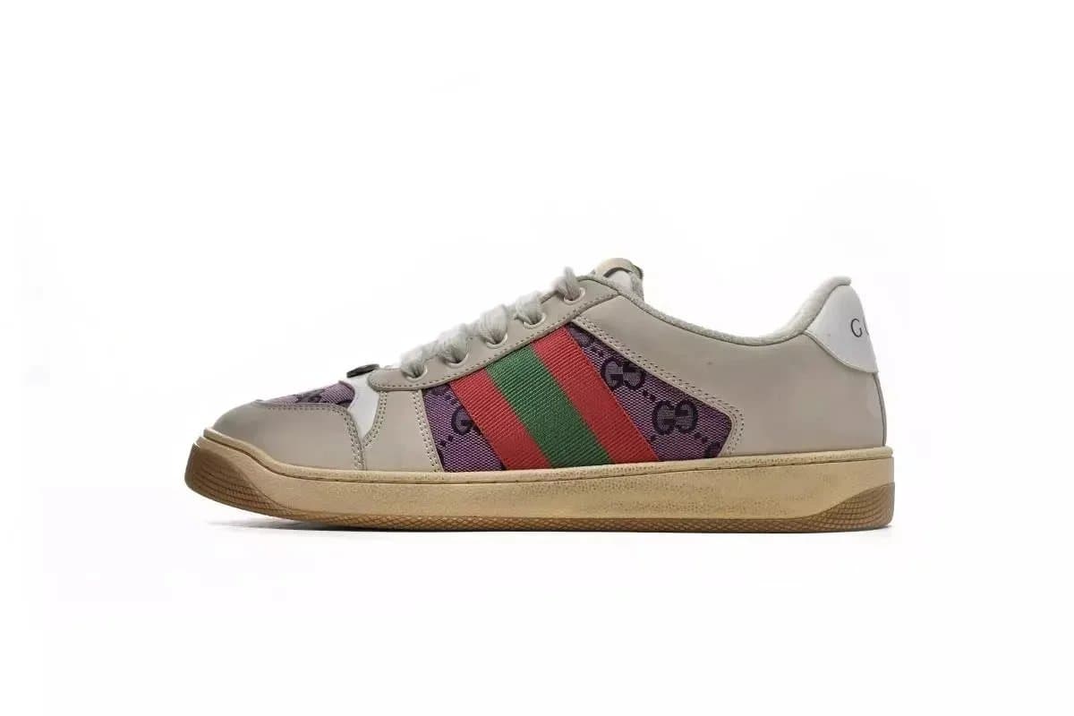 Gucci Ace Low Sneakers in Beige with Purple Web Stripe