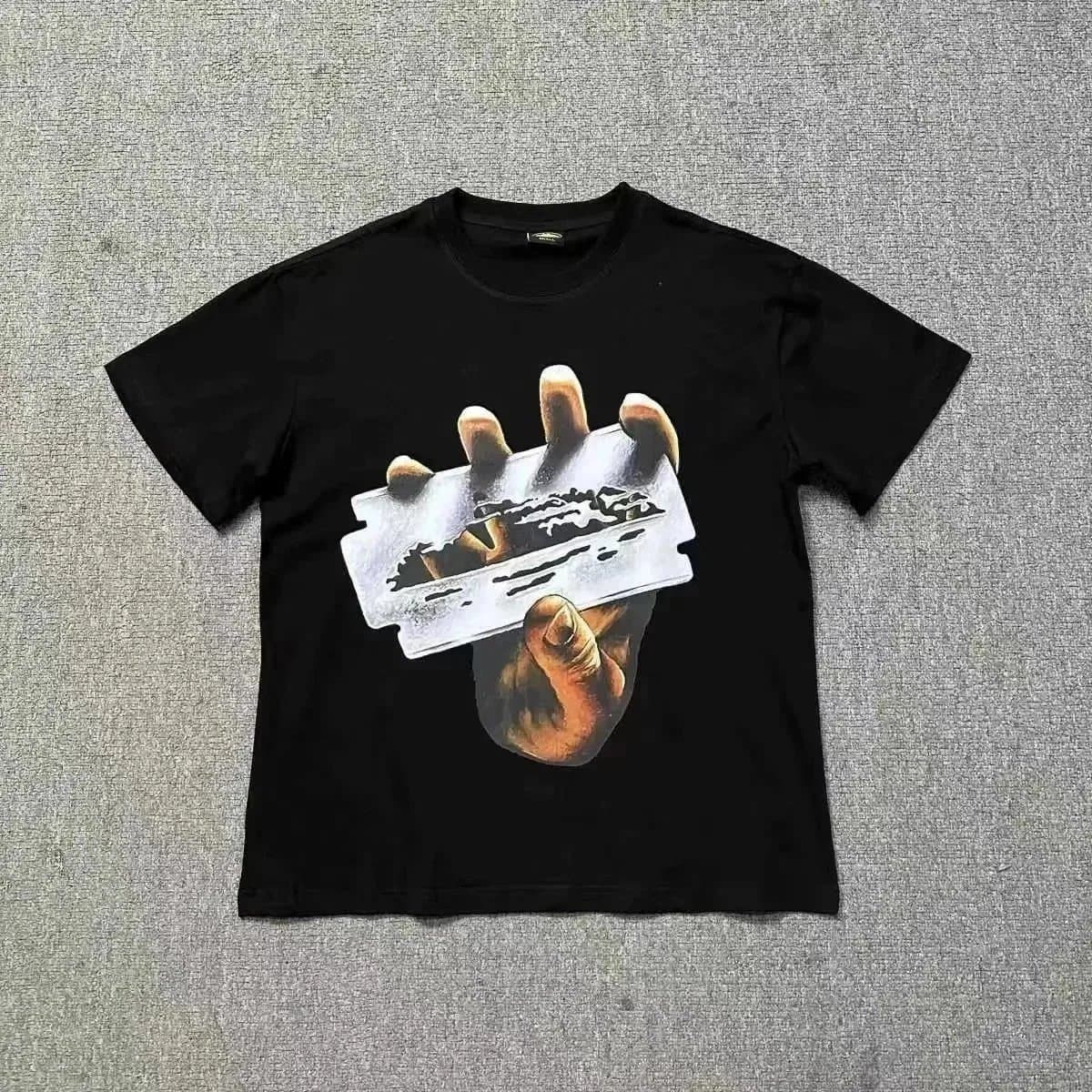 Black Graphic Print T-Shirt with Razor Blade Design