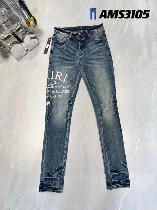 AMS3105 AMS3105 Distressed Denim Jeans with Graphic Print Blue - 1