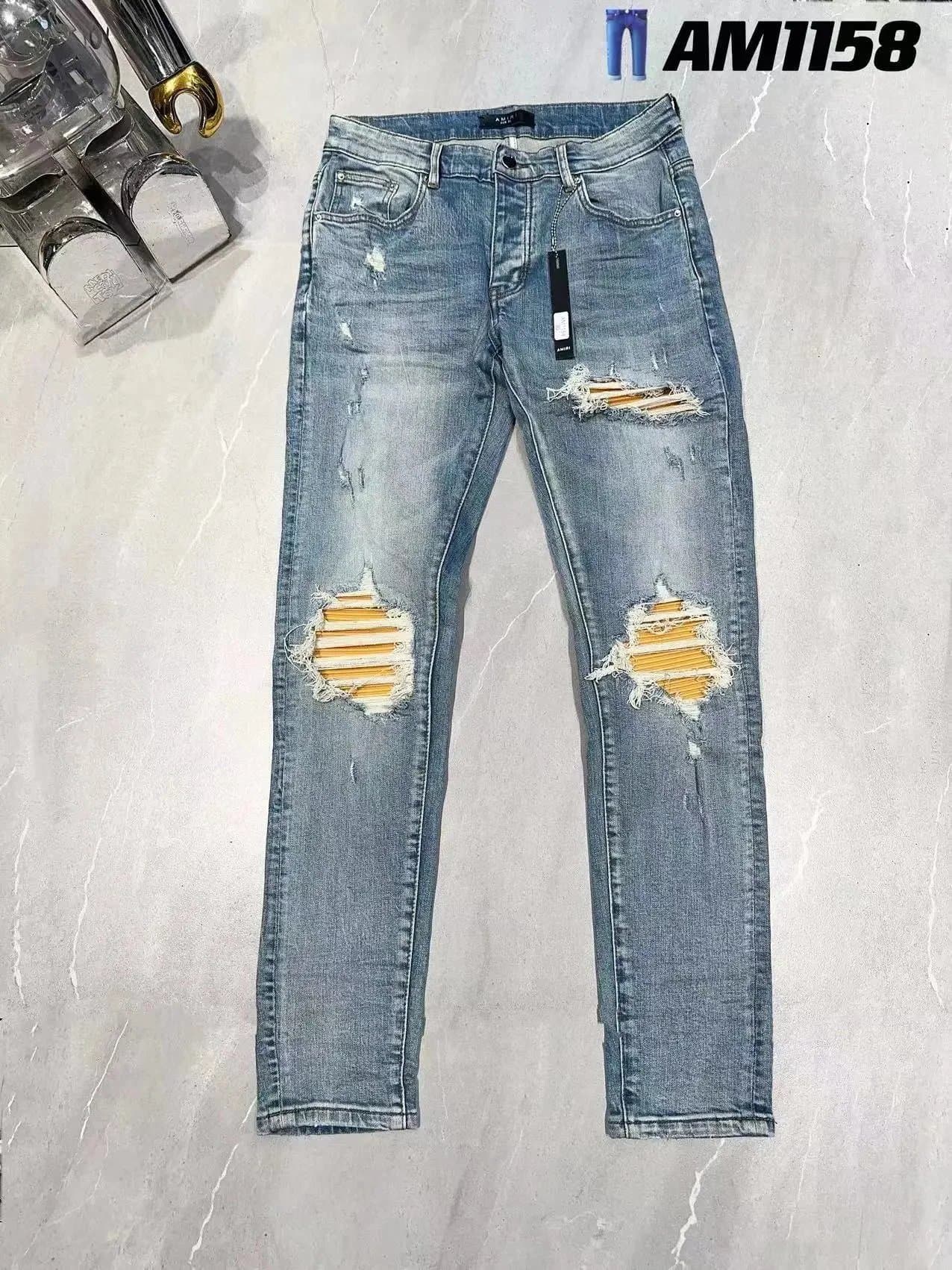 AM1158 AM1158 Distressed Denim Jeans with Striped Knee Rips Blue - 1