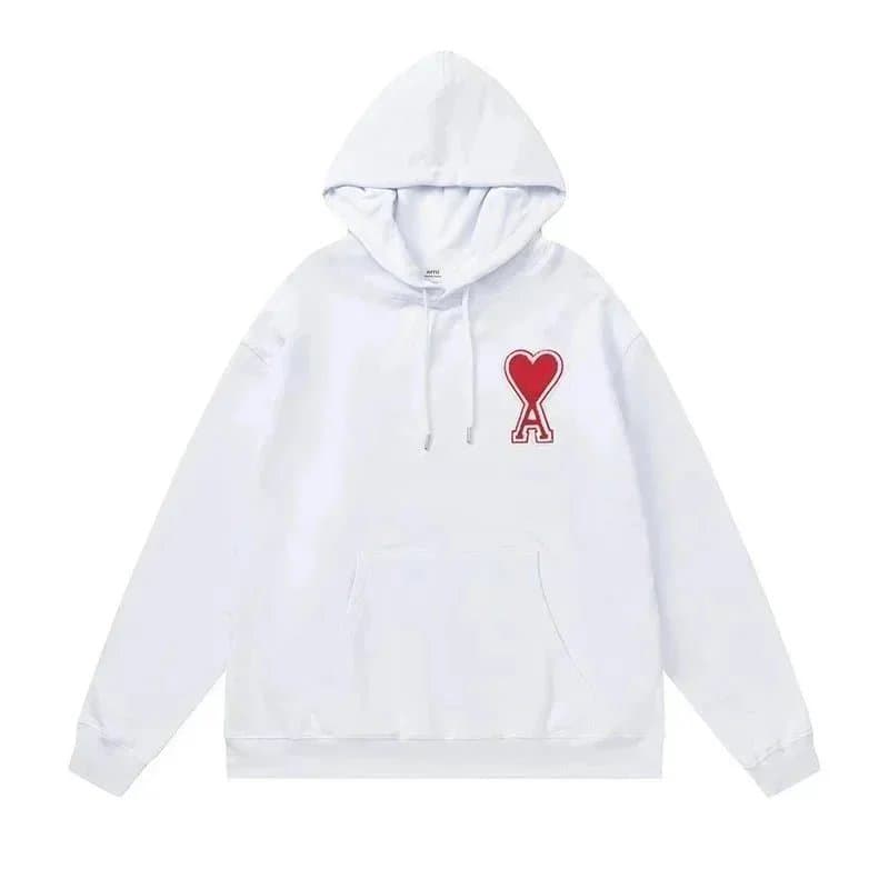 Ami Paris White Hoodie with Red Heart Logo