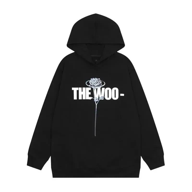 The Woo Black Hoodie with Rose Print