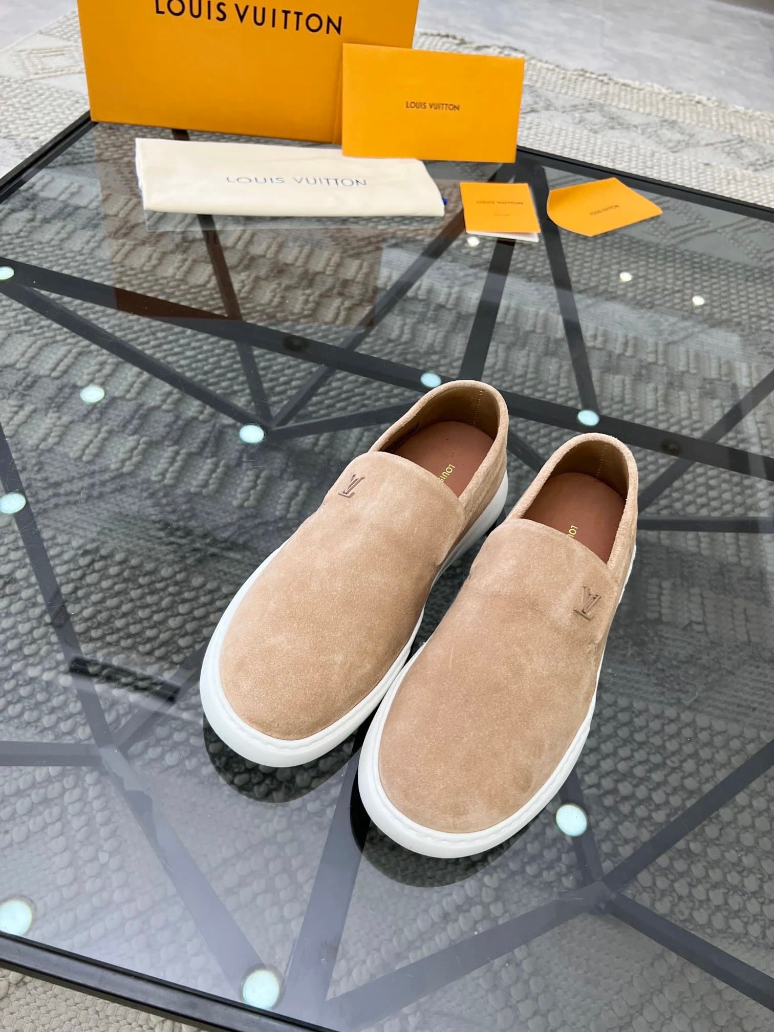 Louis Vuitton Suede Slip-On Sneakers in Beige