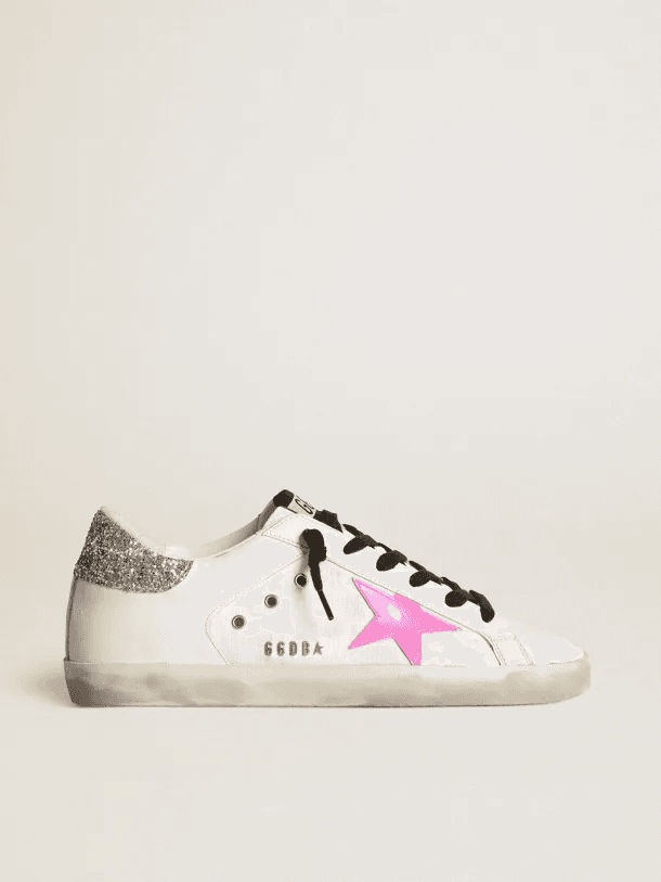 Golden Goose Golden Goose Superstar Sneakers in White with Pink Star and Silver Glitter Heel White