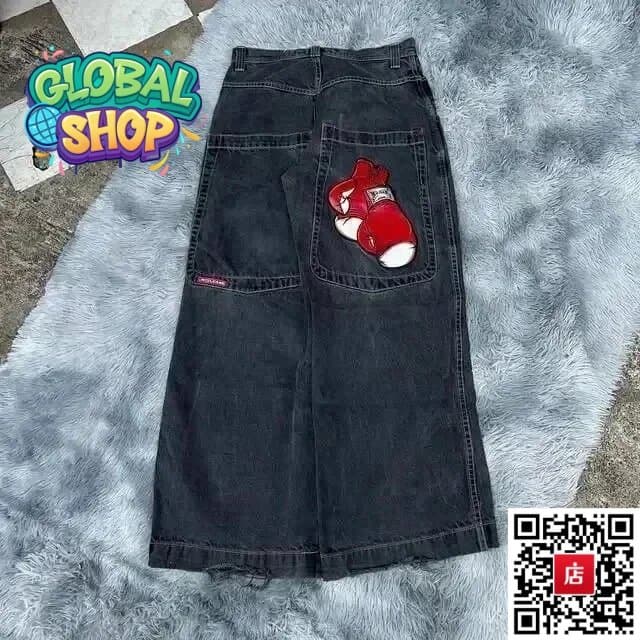 Black Denim Skirt with Red Boxing Gloves Patch N16 Black Grey