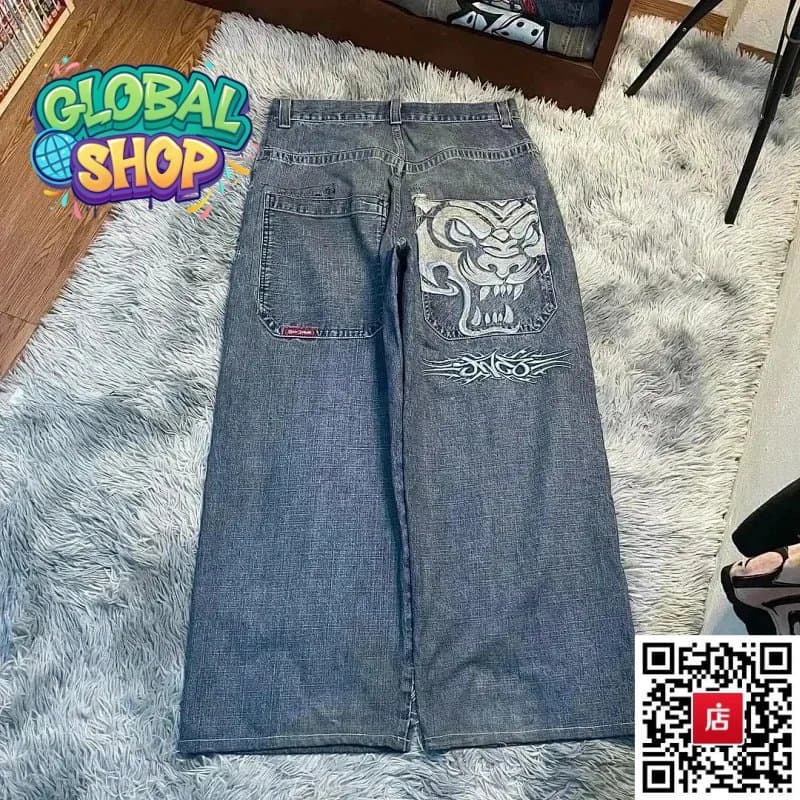 Global Shop Tiger Print Denim Jeans N08 Light Blue