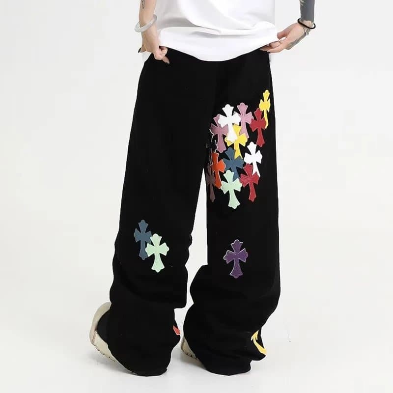 Black Cross Applique Wide-Leg Pants