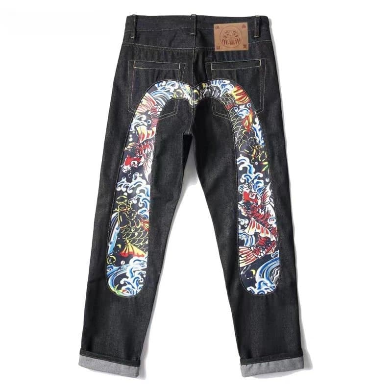 Koi Fish Denim Jeans with Japanese Wave Design