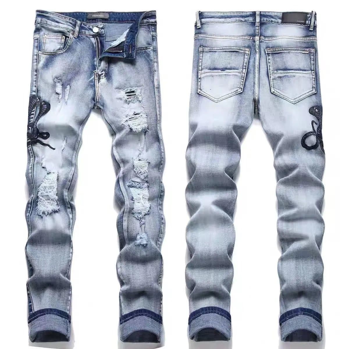 Enjoi Light Blue Distressed Snake Embroidery Jeans Blue - 1