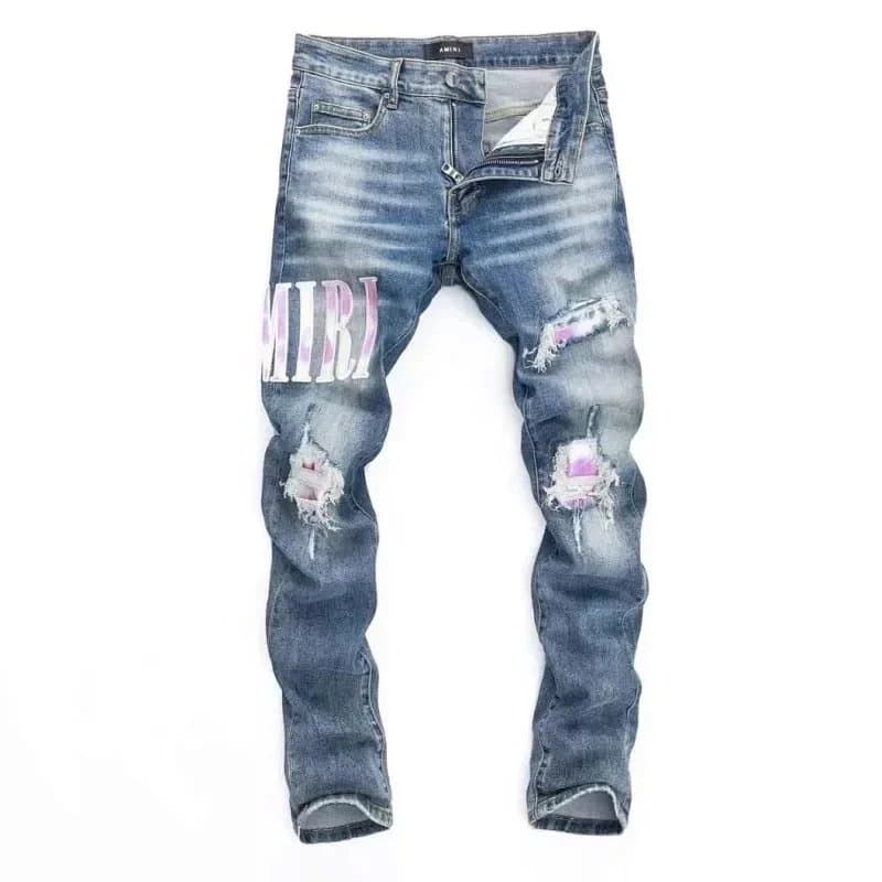 Amiri Amiri Distressed Denim Jeans with Graphic Print Blue - 1