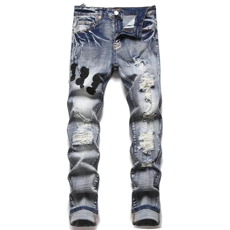 Distressed Denim Jeans with Black Embroidery Blue - 1