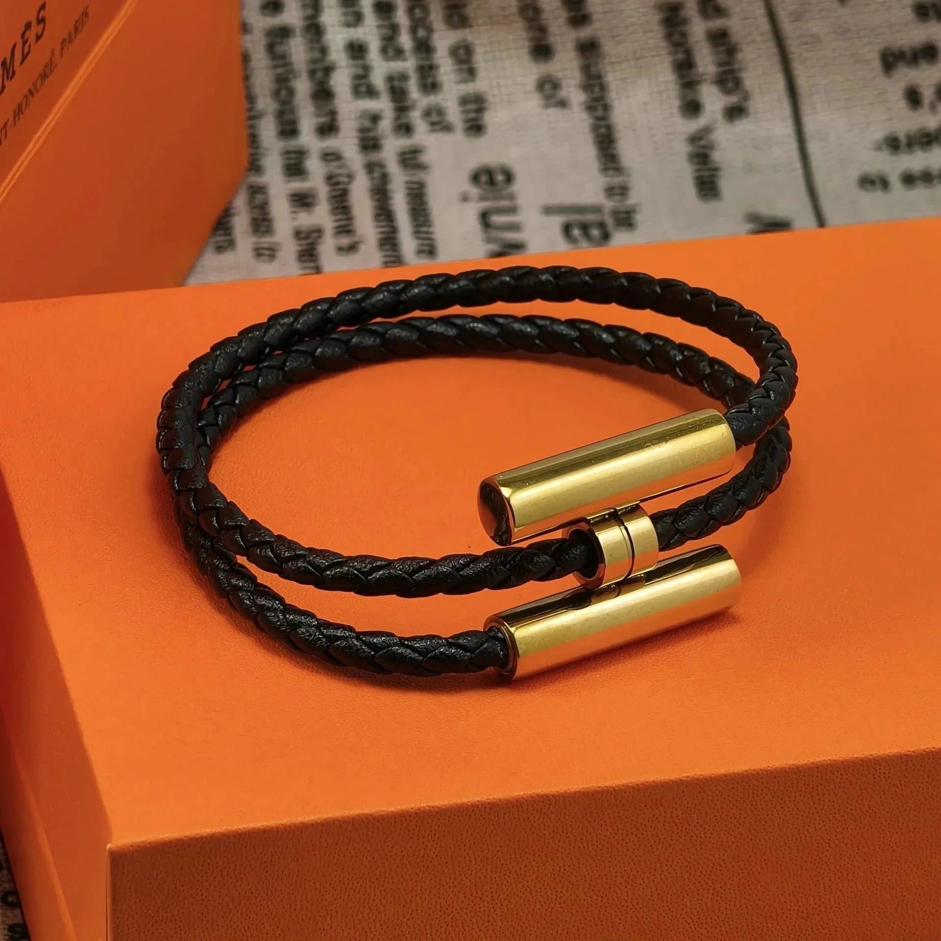 Hermès Hermès Braided Leather Bracelet with Gold Clasp Black - 1
